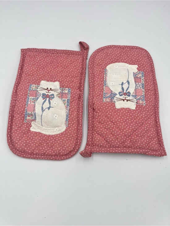 No Brand Other - Vintage Cat Potholders Set of 2 Quilted Applique Kitty Hot Pads Cottagecore